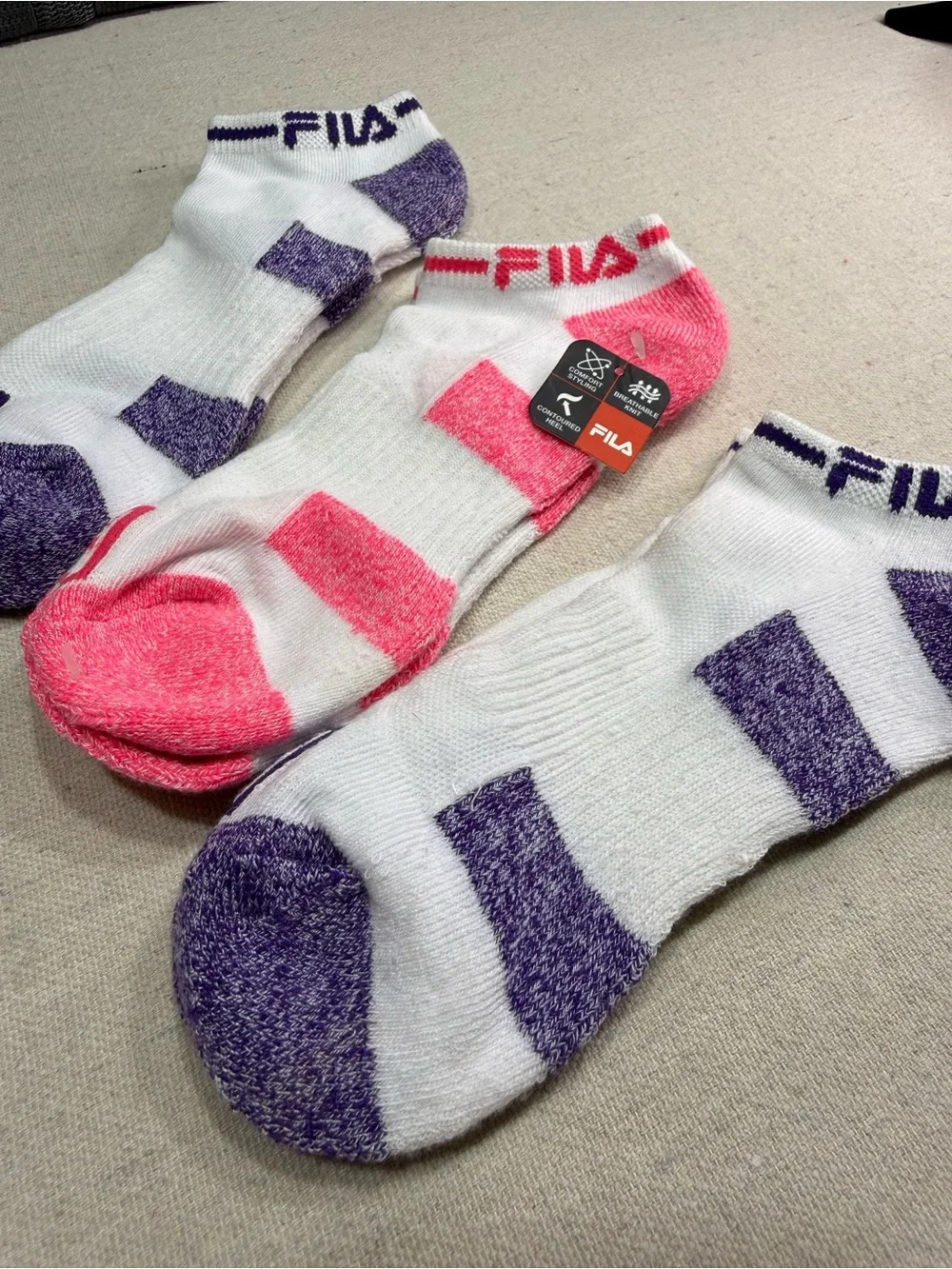 Fila White Low-Cut Socks with Pink and Purple Accents - 3 Pack - NWT